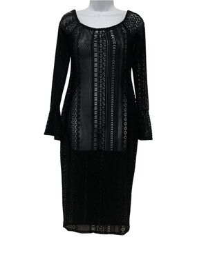 Gibiu USA Black Open Knit Mesh Midi Dress Women’s XL Bell Sleeve Sheer Boho